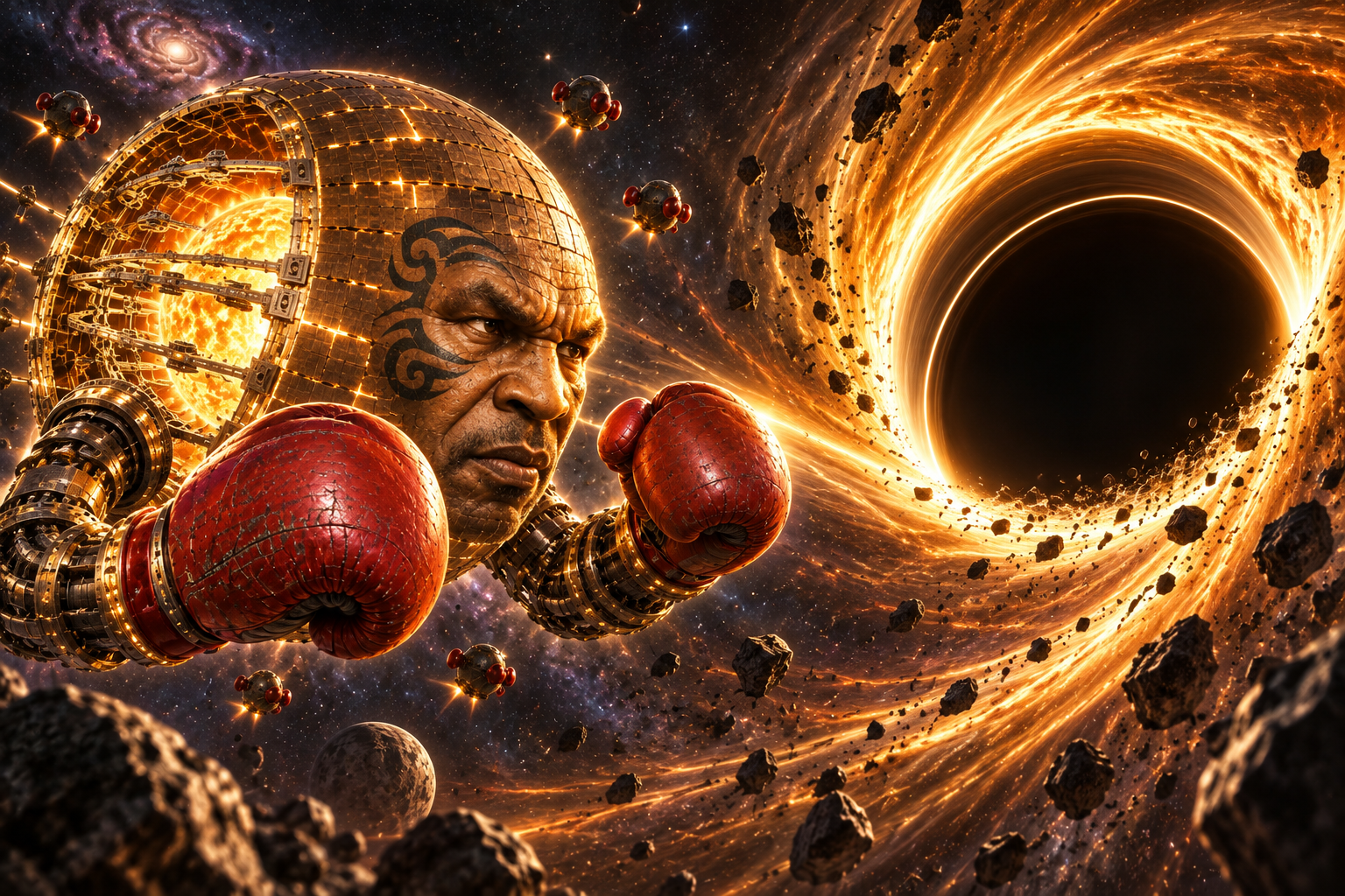 Mike Dyson squaring up against a swirling black hole