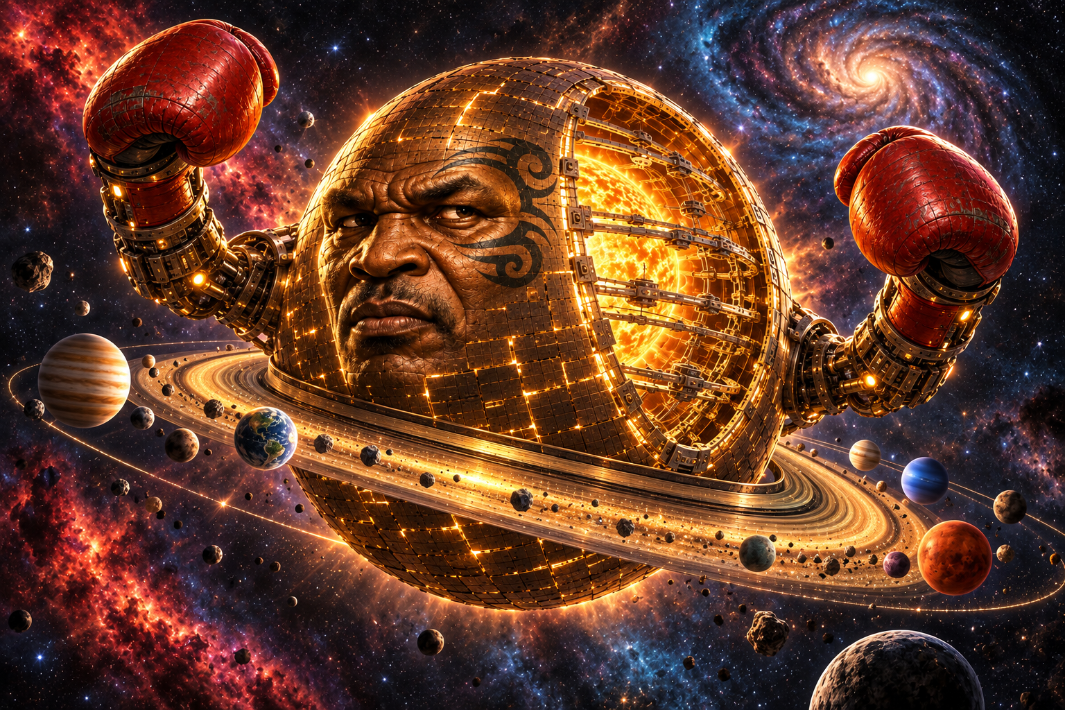 Mike Dyson wearing Saturn's rings as a cosmic championship belt